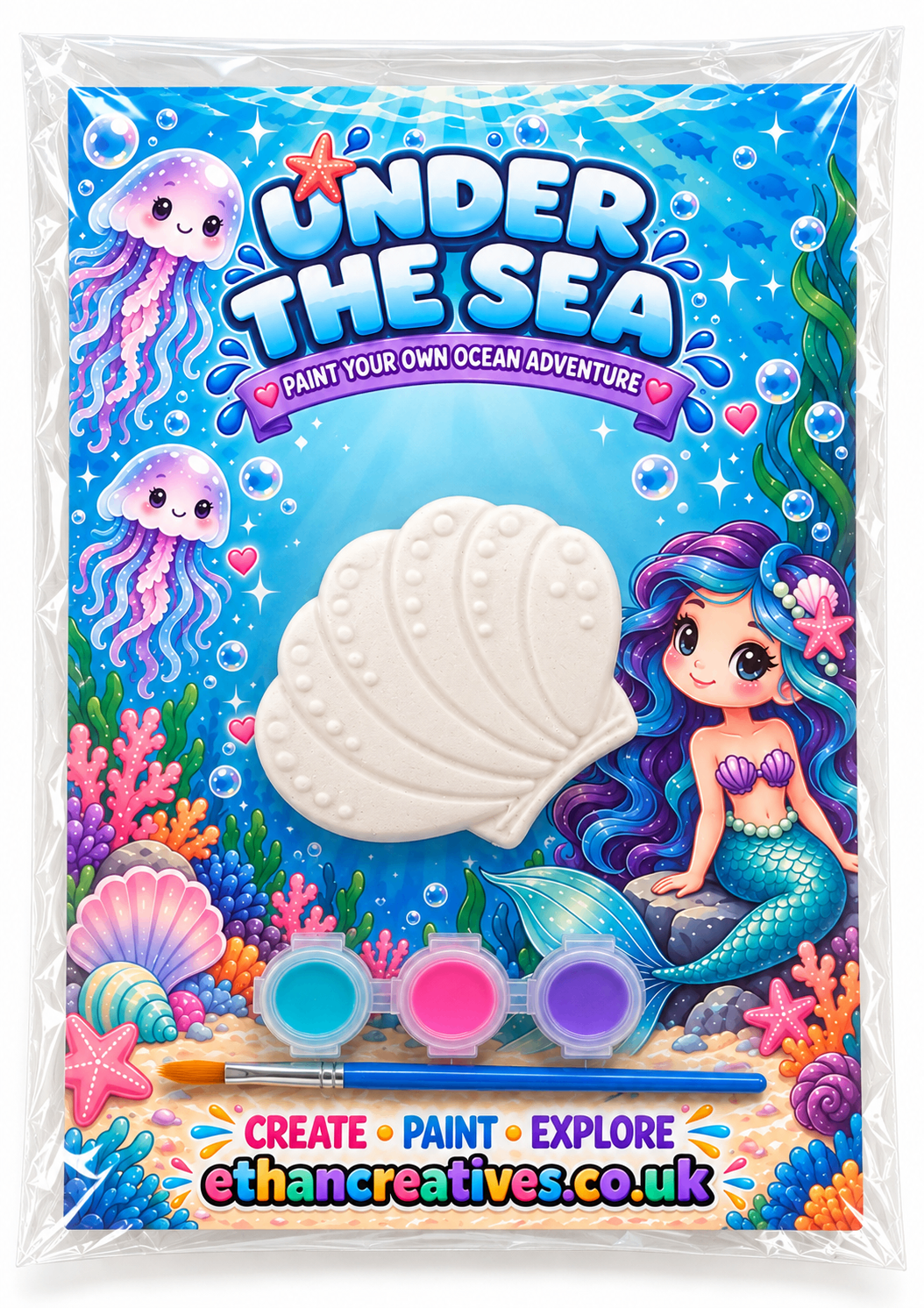 Under the Sea Seashell Paint Your Own Plaster Kit with plaster figure, three paints and paintbrush