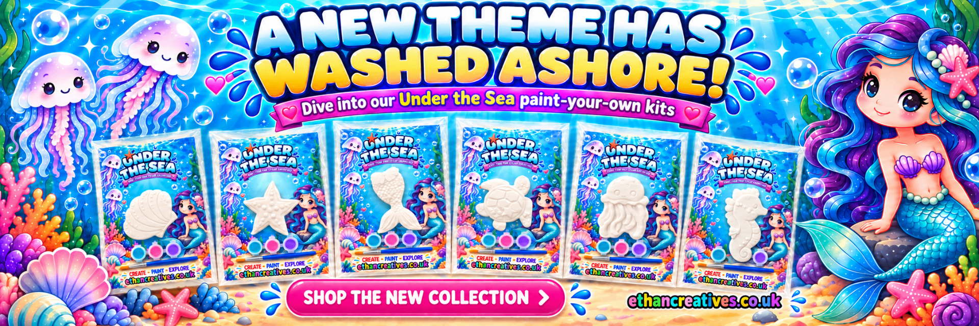 A new theme has washed ashore: Under the Sea paint-your-own plaster kits with seashell, starfish, mermaid tail, sea turtle, jellyfish and seahorse