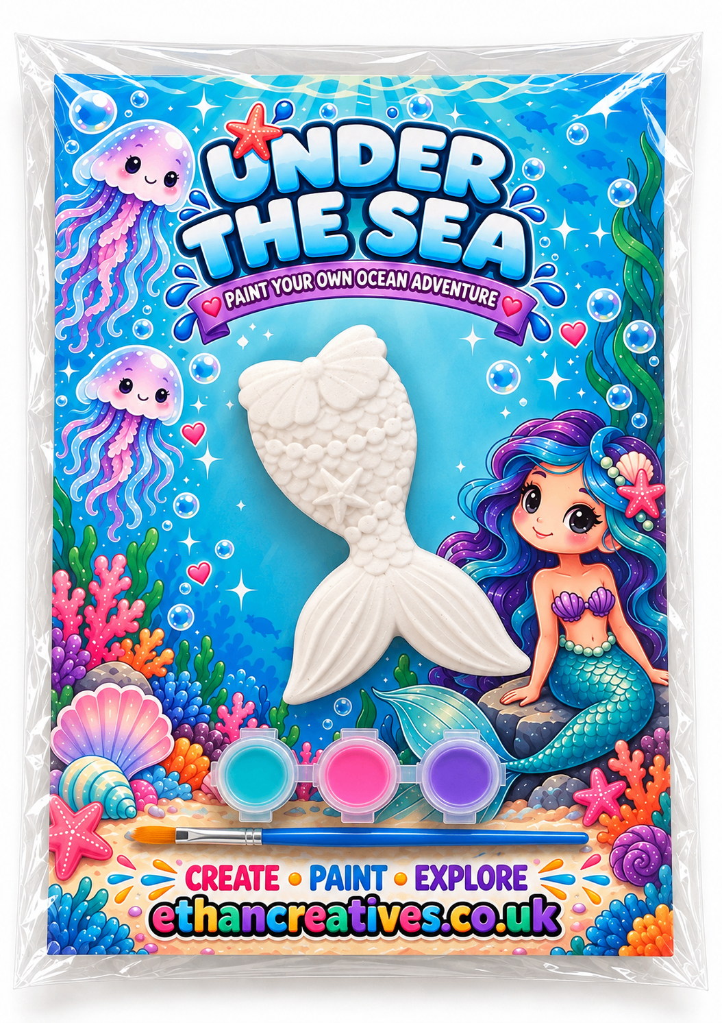 Under the Sea Mermaid Tail Paint Your Own Plaster Kit with plaster figure, three paints and paintbrush
