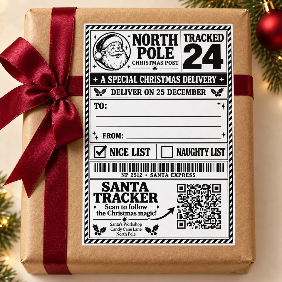 Personalised North Pole Santa delivery label on a wrapped Christmas present
