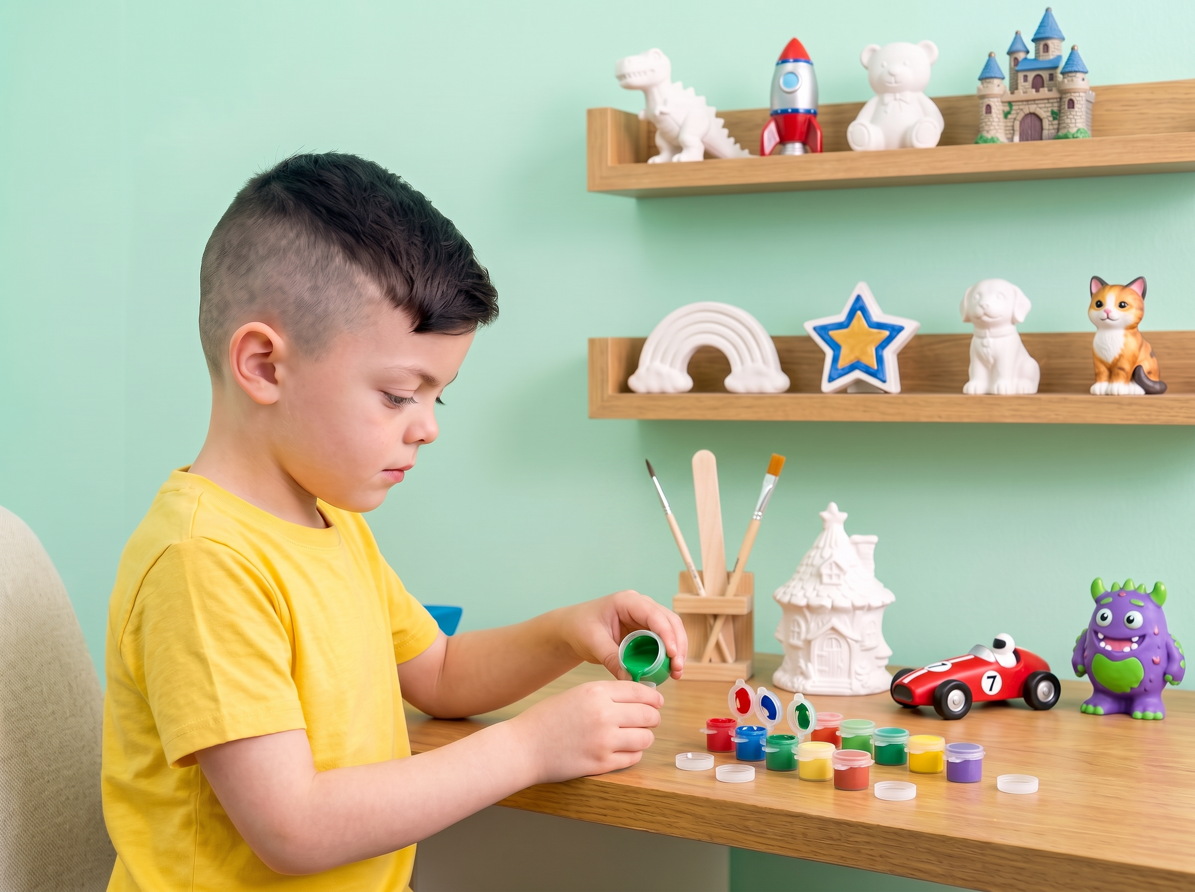 Ethan preparing small paint pots beside shelves of plaster figures