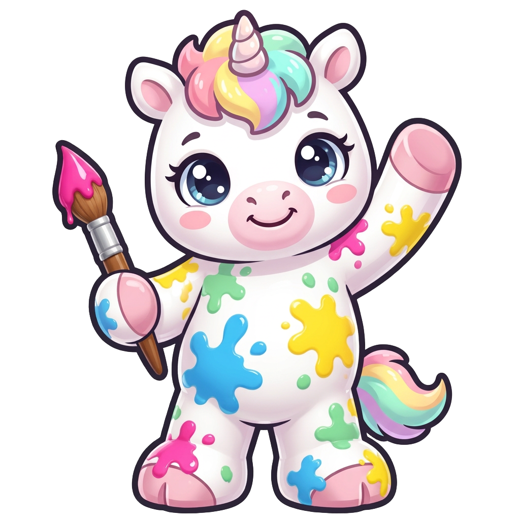 Ethan Creatives' colourful painting unicorn mascot waving